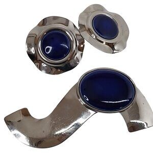 Modernist Silver-Tone Blue Enamel Pierced Earrings & Abstract Pin Brooch Set